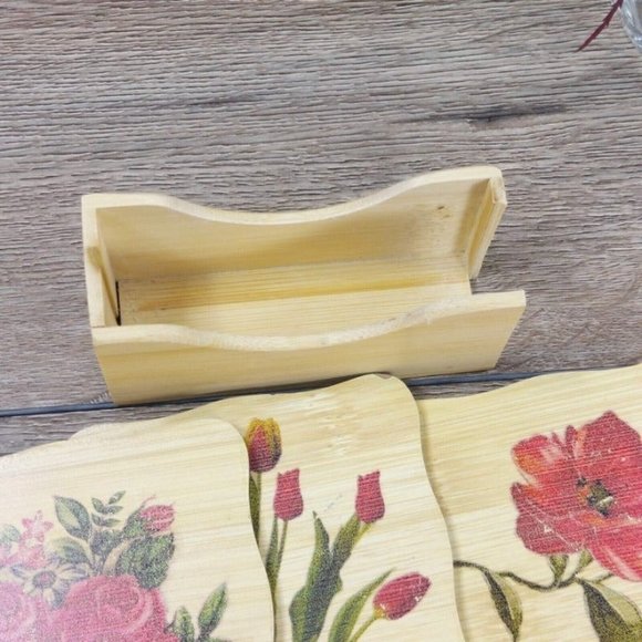 Coaster Set Wooden Flowers Drinks Coaster w/Holder Home Housewarming Gift VTG - Picture 6 of 7